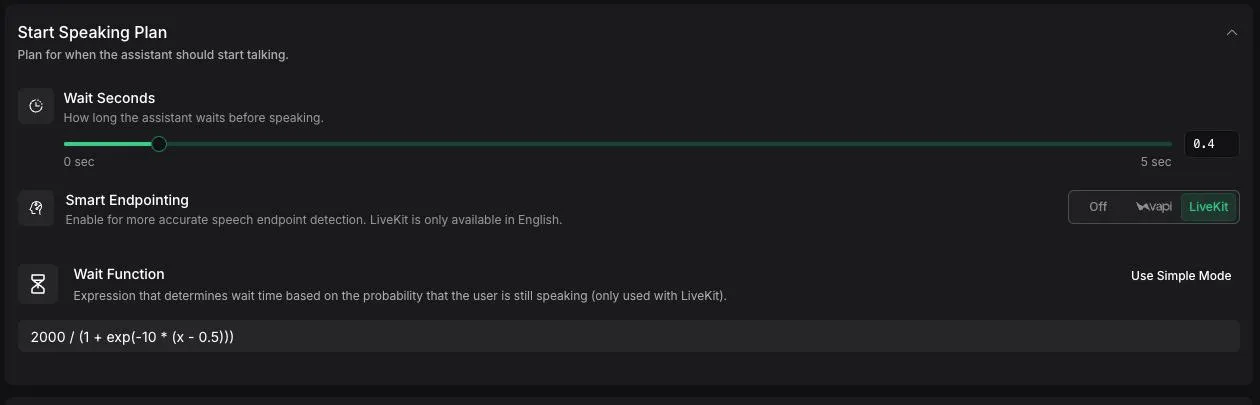 Start Speaking Plan with LiveKit selected and Wait Function in advanced mode