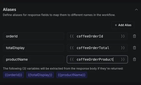 Vapi Dashboard Aliases mapping orderId, totalDisplay, and productName to coffee-order variable names