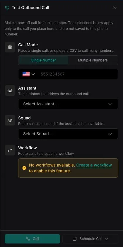 Test Outbound Call panel with Single Number, destination number, and assistant controls