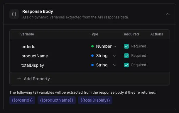 Vapi Dashboard Response Body extracting orderId, productName, and totalDisplay