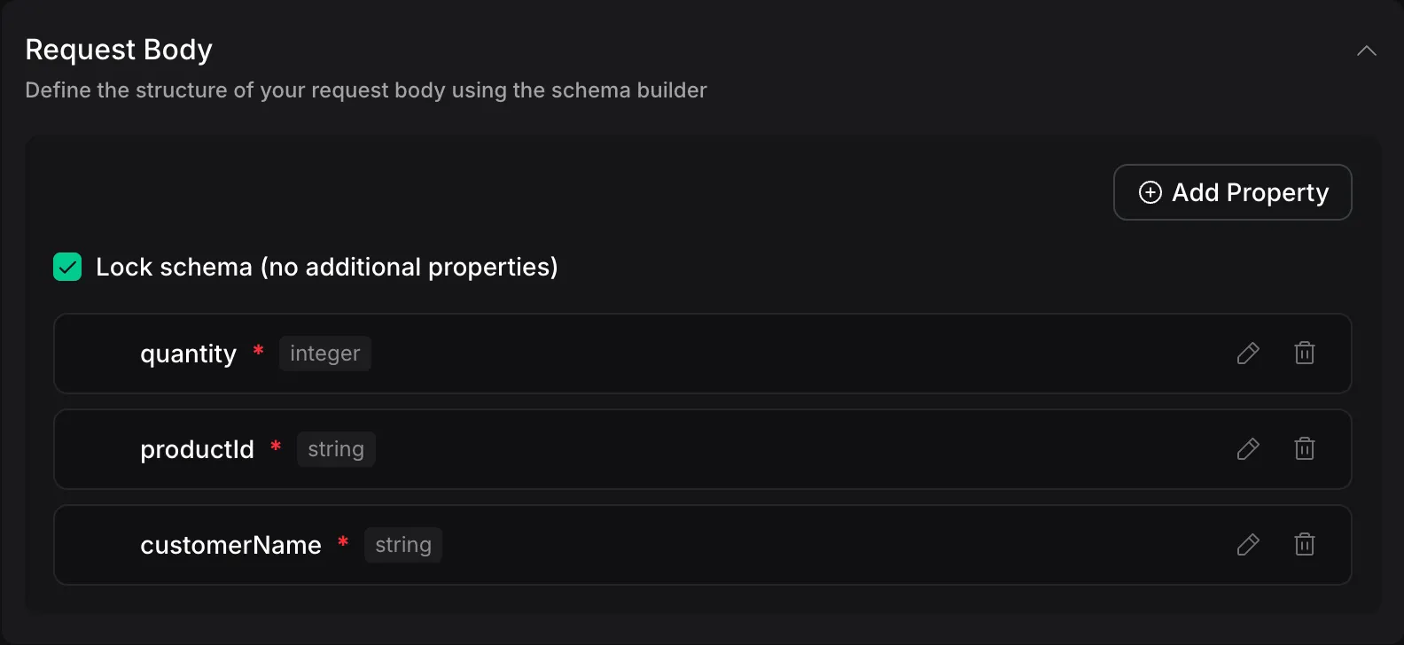 Vapi Dashboard Request Body with customerName, productId, and quantity as required properties