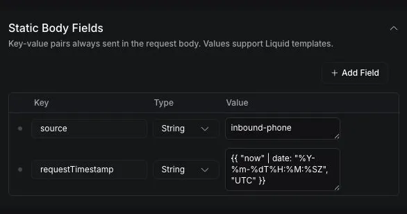 Vapi Dashboard Static Body Fields with source and requestTimestamp