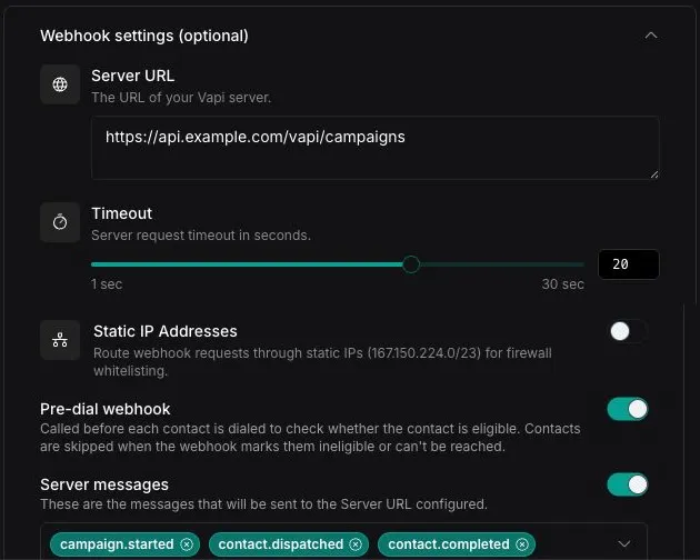 Campaign webhook settings showing the Server URL, timeout, pre-dial webhook, and server messages controls