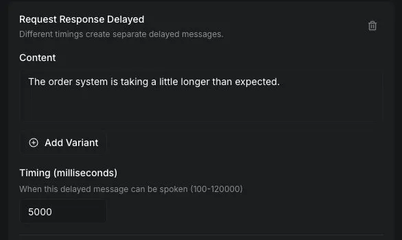 Vapi Dashboard Request Response Delayed message configured to play after 5000 milliseconds