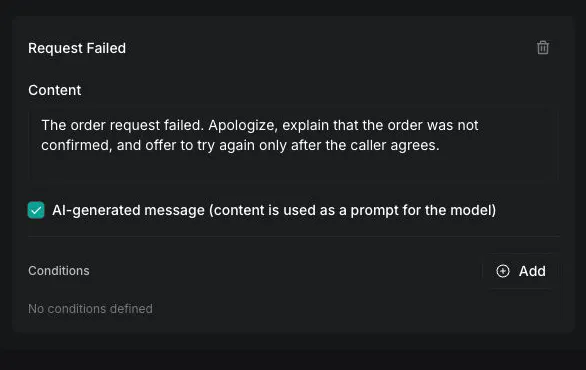 Vapi Dashboard Request Failed system message with recovery instructions