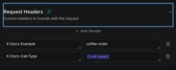 Vapi Dashboard Request Headers with X-Docs-Example and X-Docs-Call-Type
