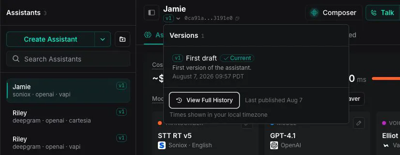 Jamie assistant with the Versions menu open and version v1 named First draft marked Current