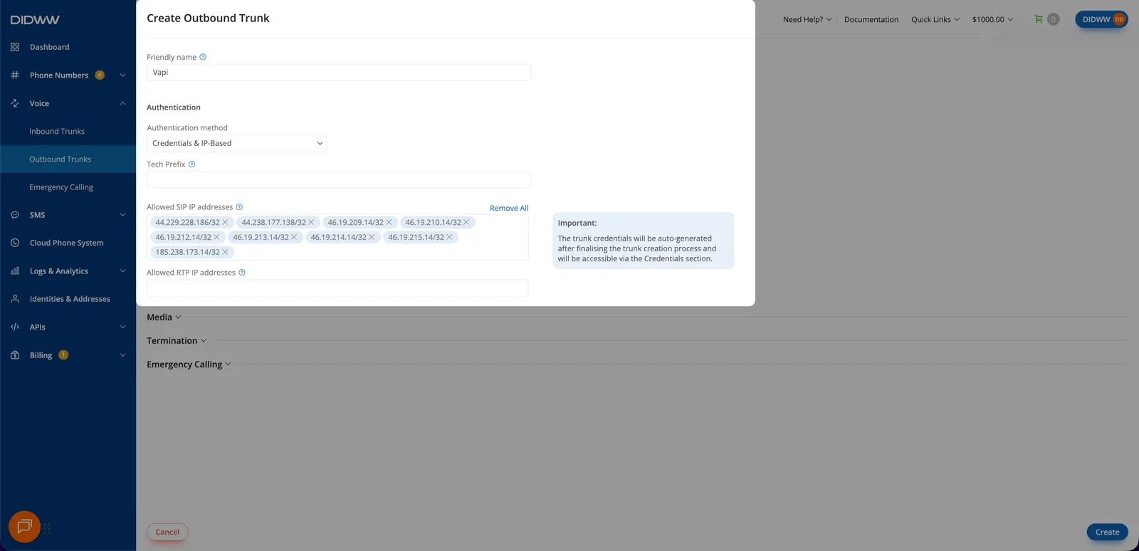 DIDWW outbound trunk Allowed SIP IP addresses list containing the Vapi and DIDWW signaling addresses