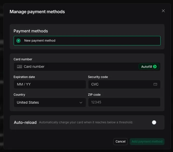 Manage payment methods dialog with card details and auto-reload controls