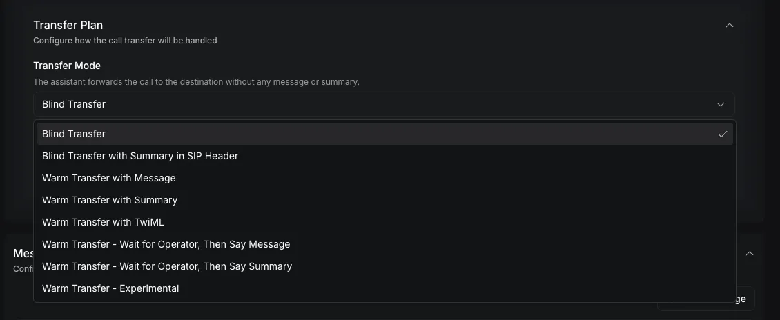 Transfer Mode menu showing five traditional warm-transfer modes and assistant-based warm transfer