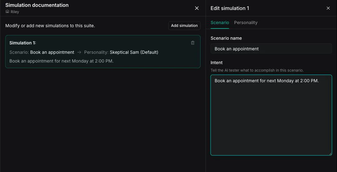 Scenario tab with the Book an appointment scenario name and appointment-booking intent