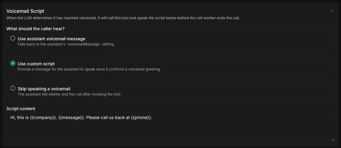 Voicemail Script section with custom script selected and the three behavior modes visible