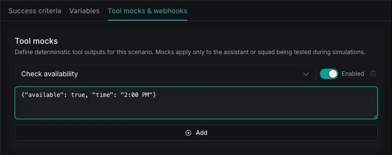 Tool mocks section with a tool, mock result, and Enabled setting configured
