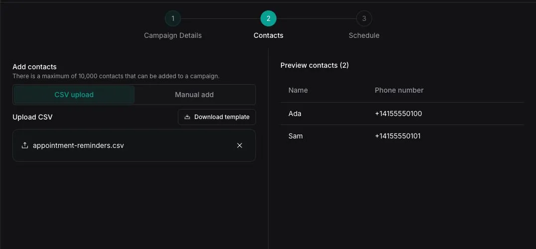 Contacts step showing an uploaded appointment reminders CSV and a preview of two contacts
