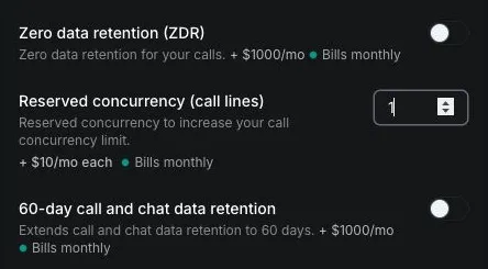 Reserved concurrency call-line field used to purchase call concurrency in Billing and Add-Ons
