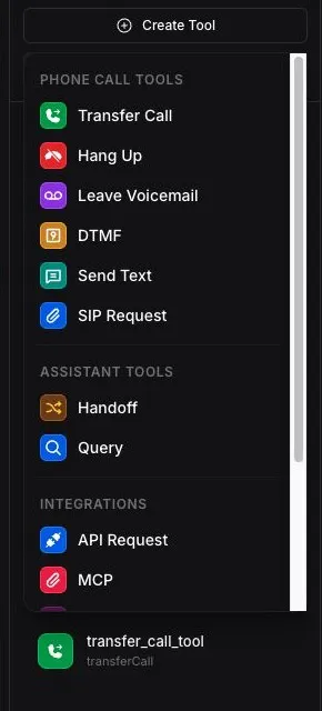 Vapi Dashboard Create Tool menu with Transfer Call under Phone Call Tools
