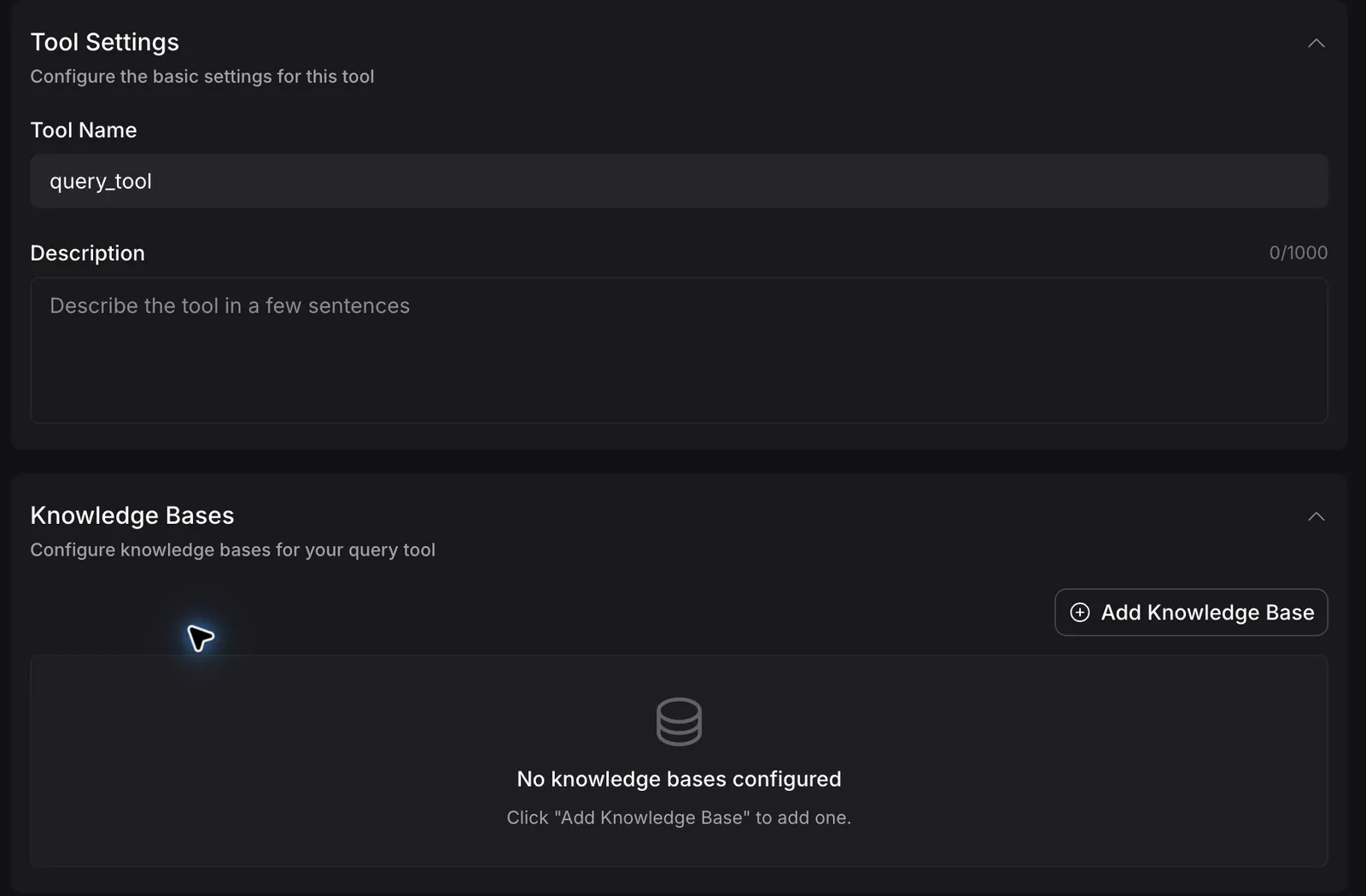 Query tool settings with the Add Knowledge Base button