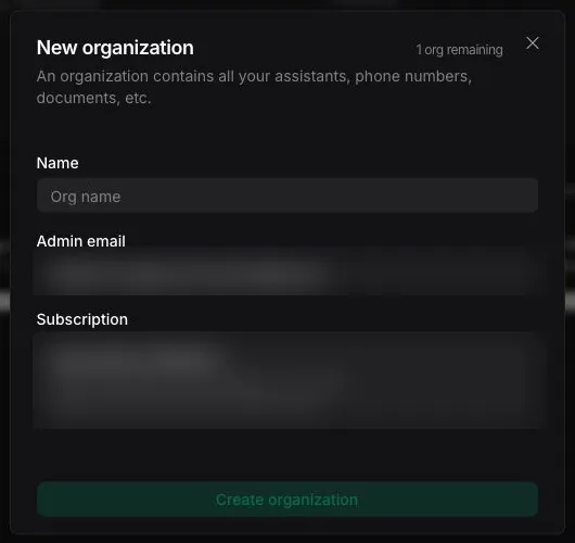 New organization dialog with name, admin email, and subscription fields