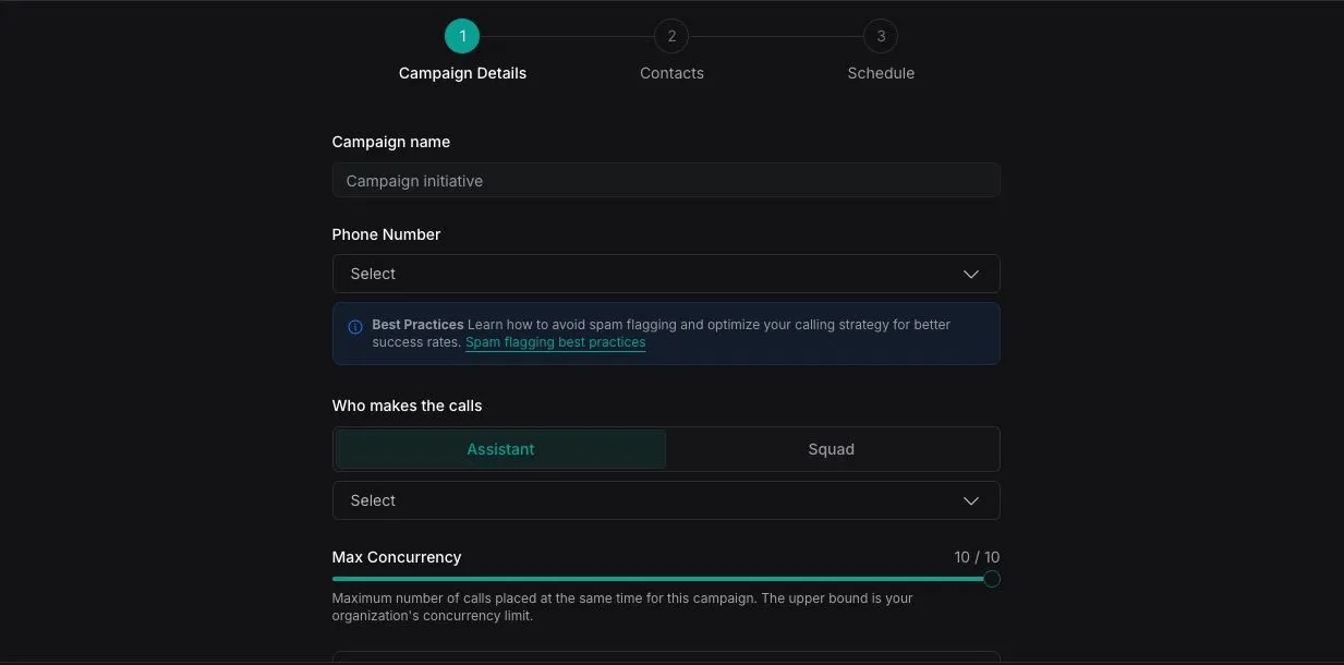 Campaign Details step with fields for the campaign name, phone number, caller, and max concurrency