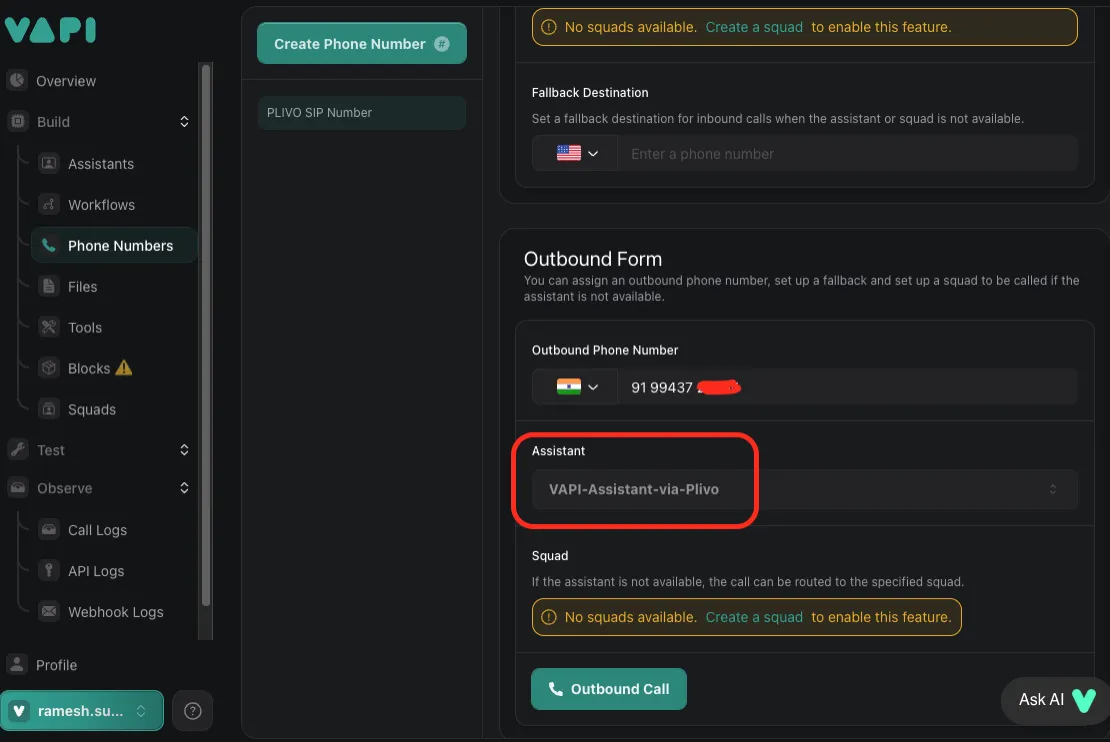 VAPI Dashboard Call