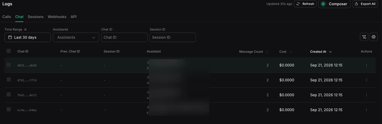 The Chat tab with Last 30 days selected, listing recent chats with chat ID, session ID, assistant, message count, and cost columns