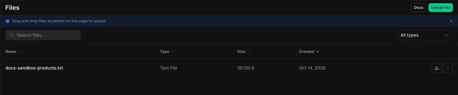 Files page with Upload file button and an uploaded sample file