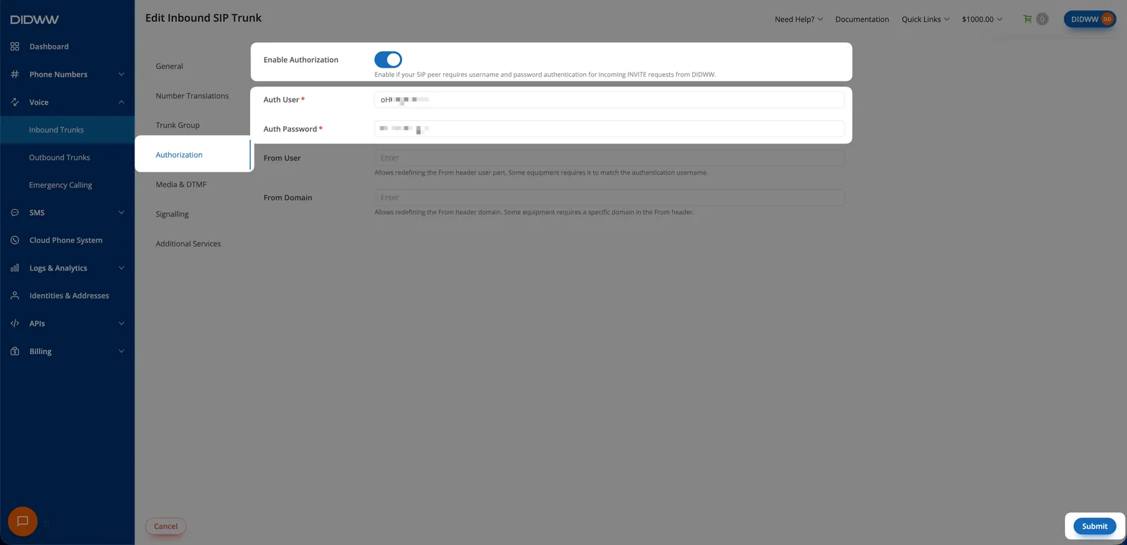 DIDWW inbound trunk Authorization tab with Enable Authorization turned on and the Auth User and Auth Password fields filled