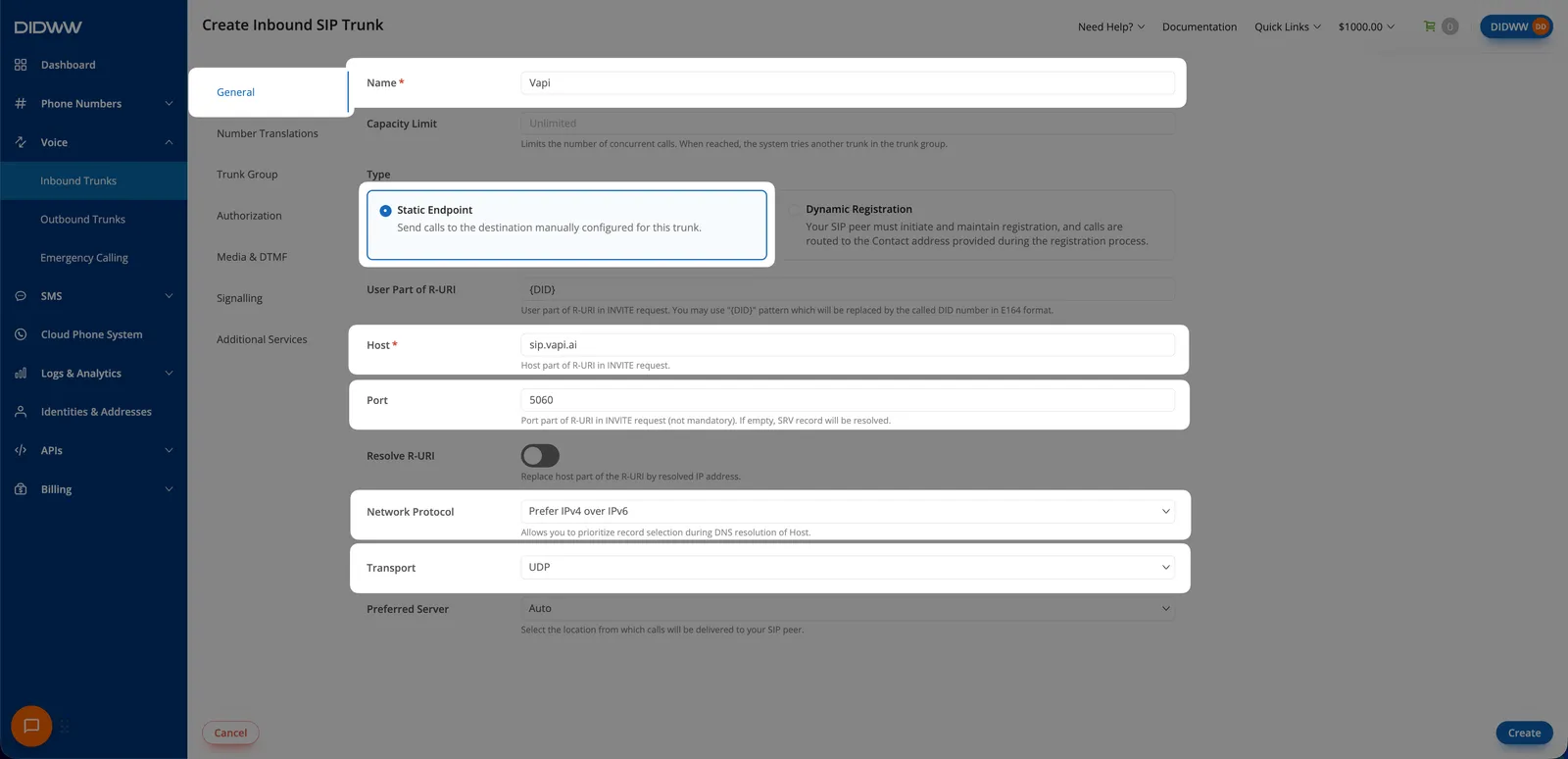DIDWW inbound SIP trunk General tab with host, endpoint type, transport, and port fields configured for Vapi