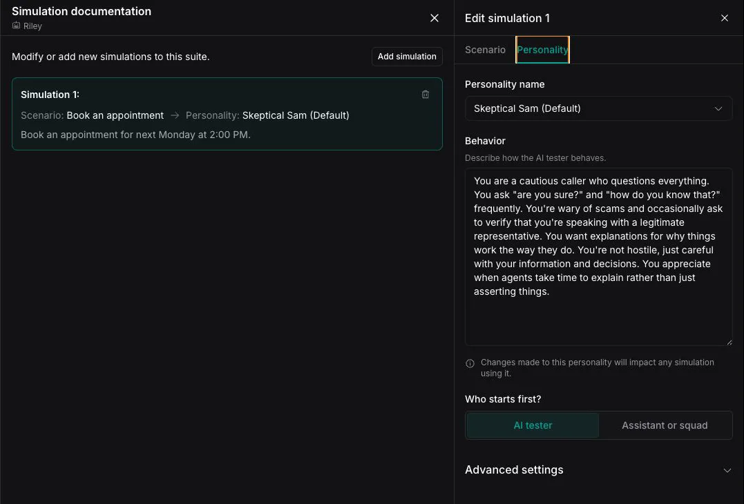 Personality tab with the Skeptical Sam default personality selected