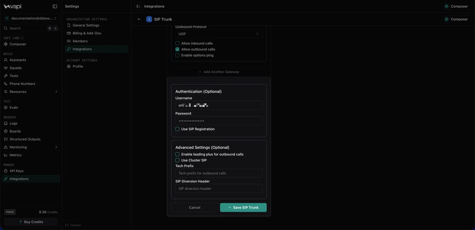 Vapi SIP trunk Authentication section with the DIDWW outbound username and password entered