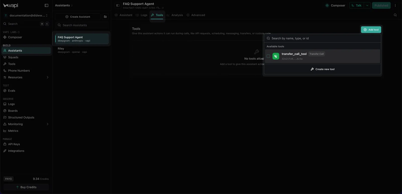 Vapi assistant Tools section with the DIDWW transfer tool added
