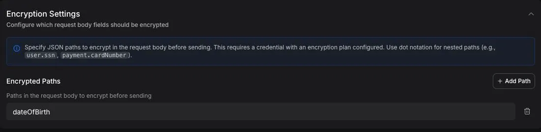 API Request tool Encryption Settings with dateOfBirth in Encrypted Paths