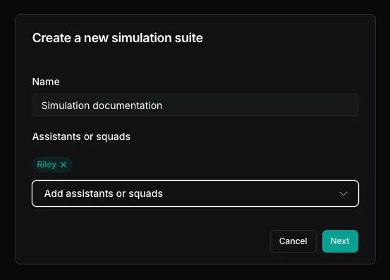 Create a new simulation suite dialog with a suite name and Riley selected under Assistants or squads