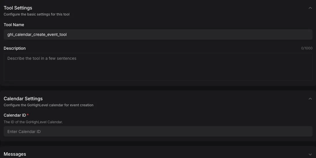 GoHighLevel Calendar Create Event tool editor with the Calendar ID field