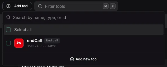 Vapi Dashboard assistant Tools tab with the Add tool picker showing endCall