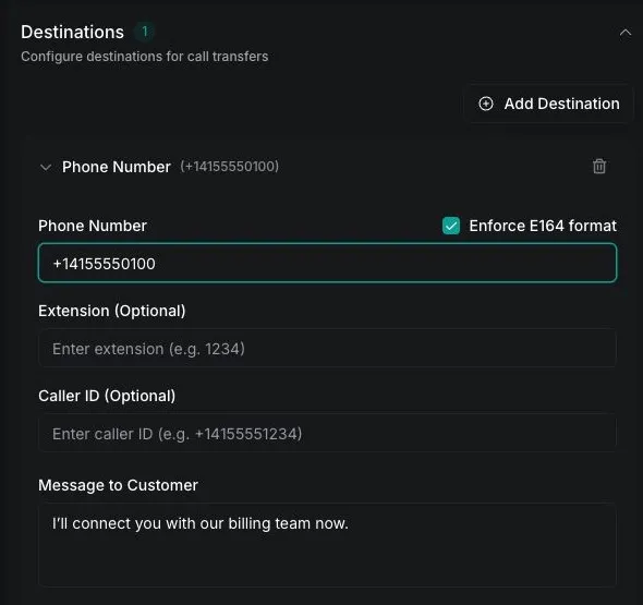 Vapi Dashboard phone-number destination with an E.164 number and customer message
