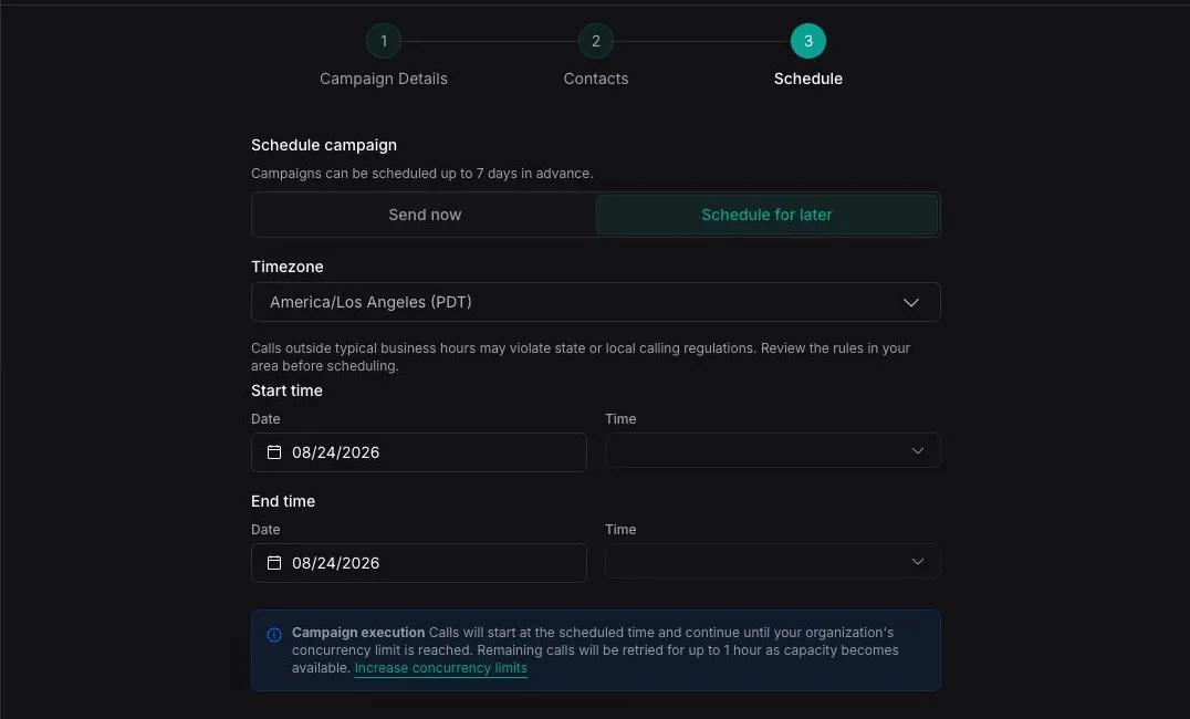 Schedule step showing time zone and start and end fields for a scheduled campaign