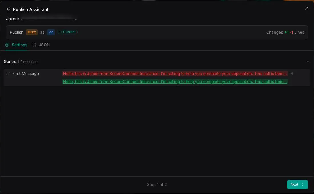 Publish Assistant dialog comparing Jamie's draft first message with the current published version