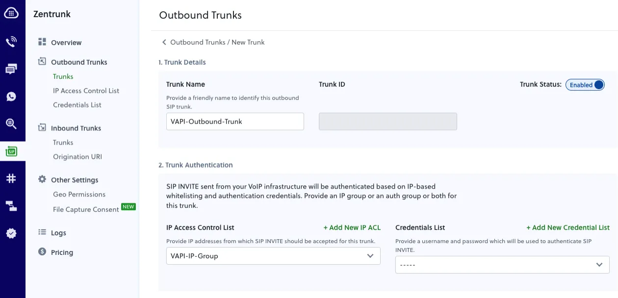 Create New Outbound Trunk