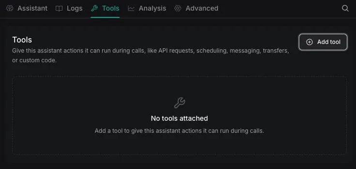Vapi Dashboard assistant Tools tab with the Add tool button