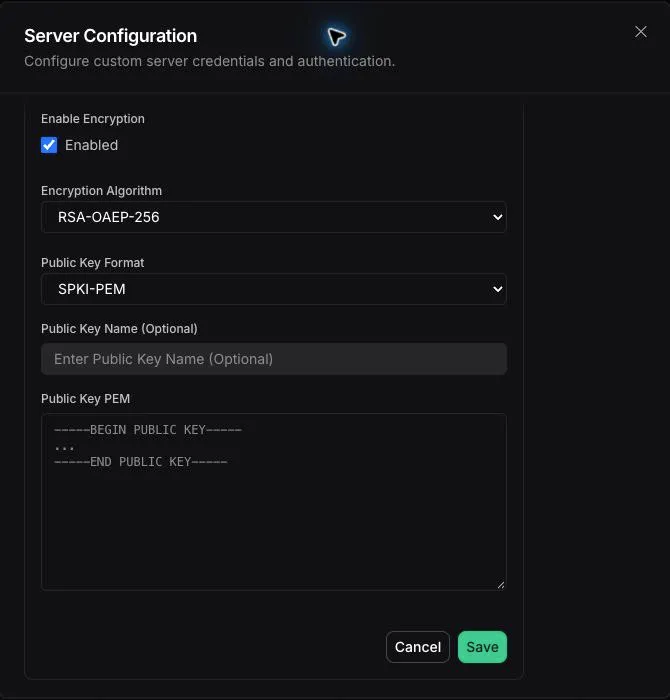 Custom credential form with encryption enabled, RSA-OAEP-256, and SPKI-PEM selected