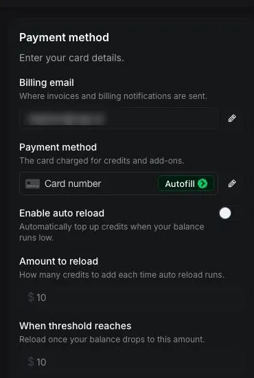 Full Payment method block with the billing email blurred, card field, and auto reload controls