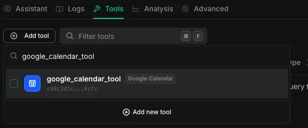 Assistant Tools tab with the Add tool picker filtered to a Google Calendar tool