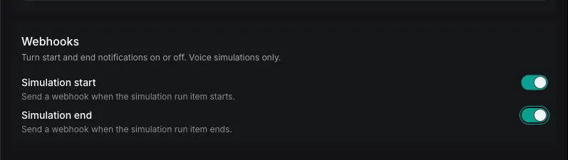 Webhooks section with Simulation start and Simulation end enabled