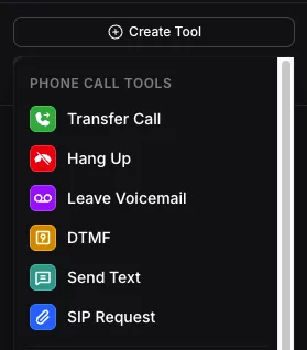 Vapi Dashboard Create Tool menu with Hang Up under Phone Call Tools