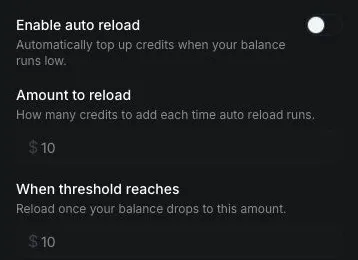 Auto reload controls on the live Billing page