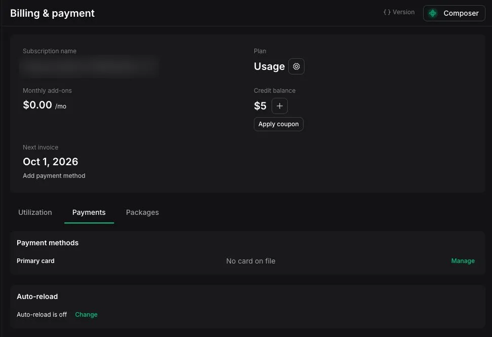 Billing and payment page with the Payments tab selected, payment method status, and auto-reload status