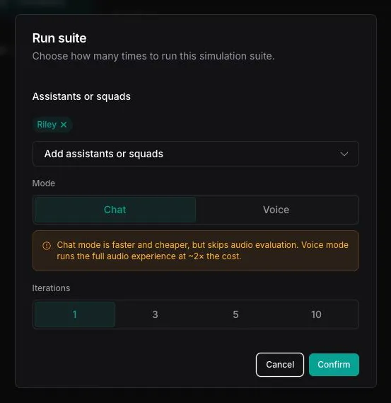Run suite dialog with Riley selected, Chat mode selected, and Iterations set to 1