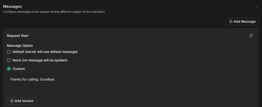 Vapi Dashboard Messages section with a Request Start message set to Custom: Thanks for calling. Goodbye.