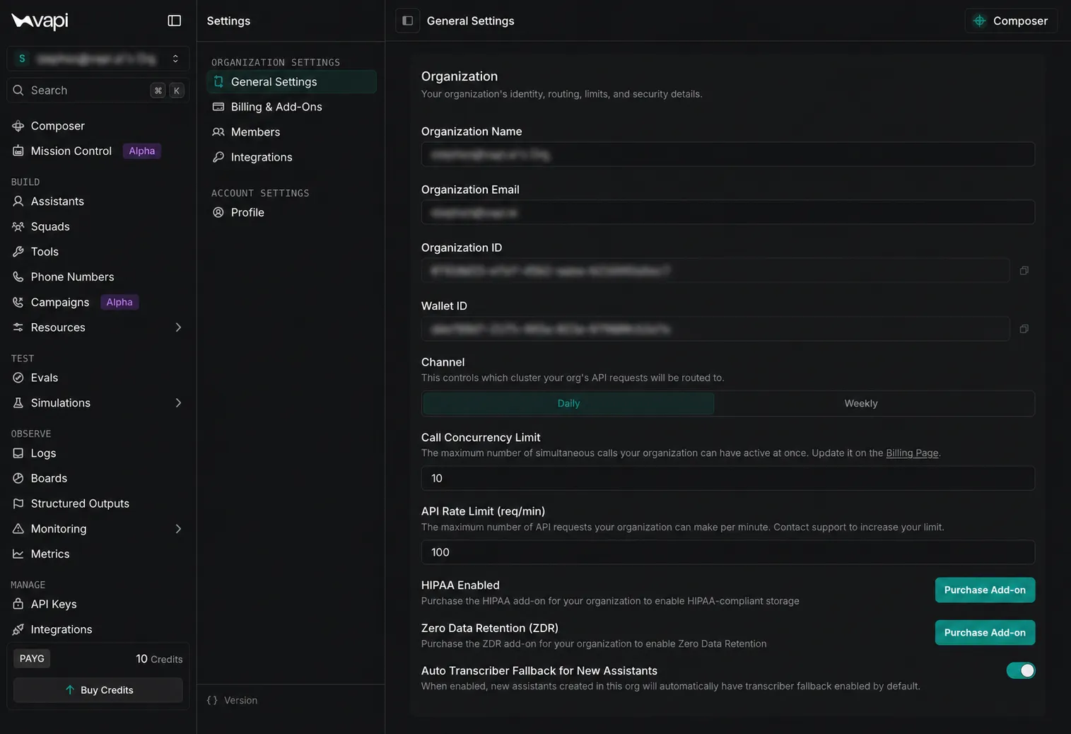 Complete Dashboard General Settings page with the main and Settings sidebars expanded and organization values blurred